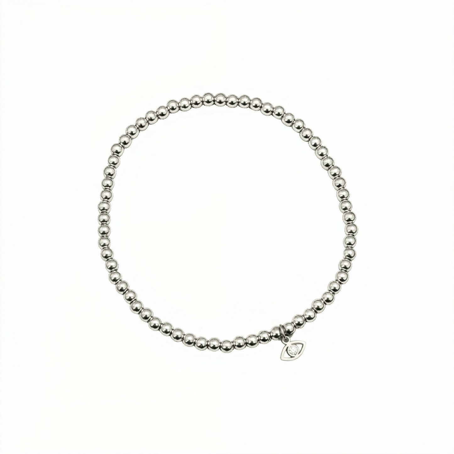 Evil eye charm sterling silver bead bracelet with crystal detail and polished silver beads – MXW Jewellery