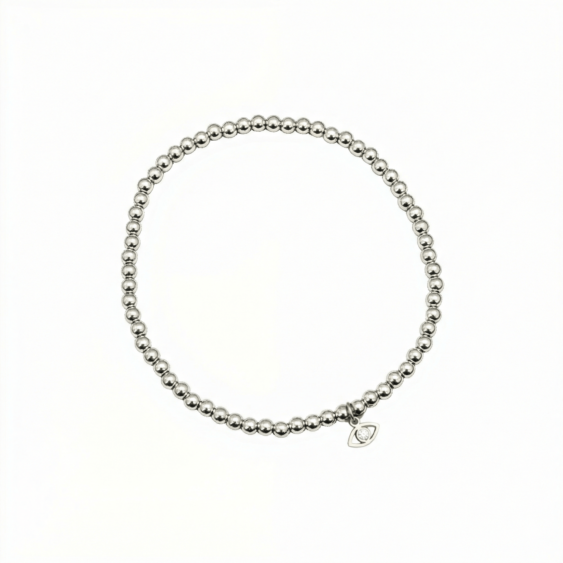 Evil eye charm sterling silver bead bracelet with crystal detail and polished silver beads – MXW Jewellery