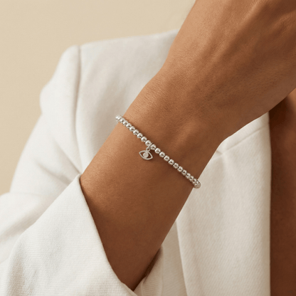 Evil eye charm sterling silver bead bracelet with crystal detail and polished silver beads – MXW Jewellery
