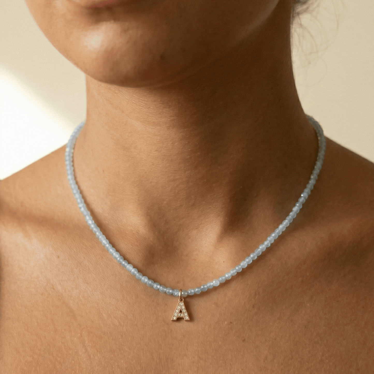 Faceted Aquamarine Initial Beaded Necklace – MXW Jewellery