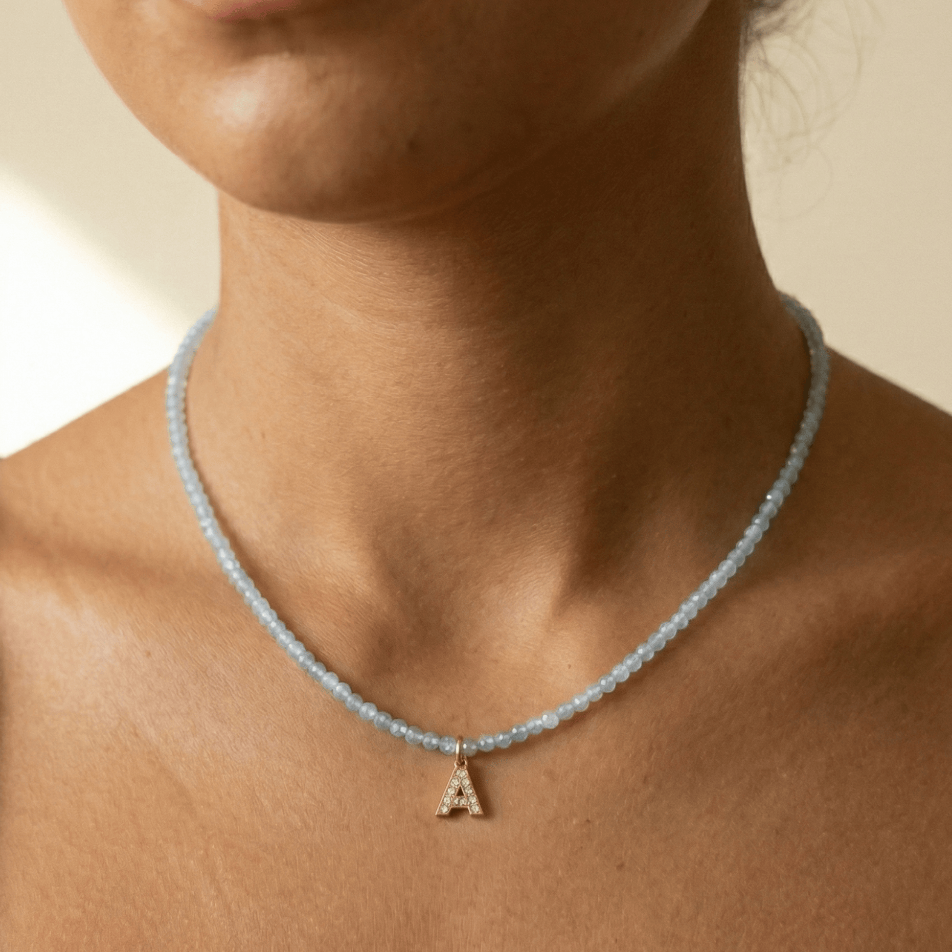 Faceted Aquamarine Initial Beaded Necklace – MXW Jewellery