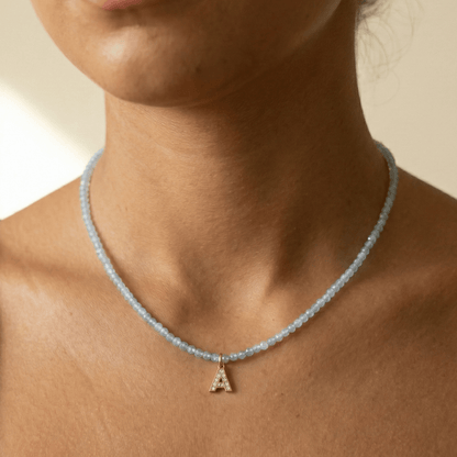 Faceted Aquamarine Initial Beaded Necklace – MXW Jewellery