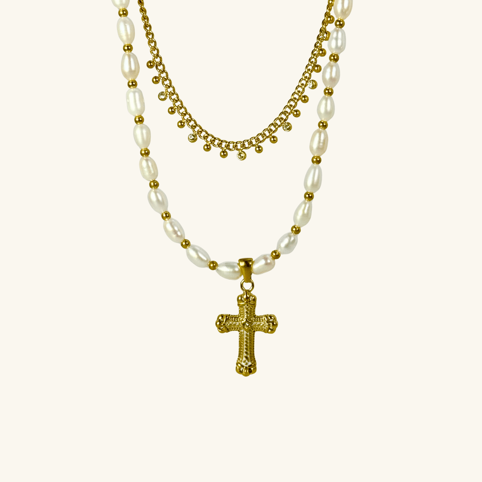 Layered pearl cross necklace set with freshwater pearls and gold zircon chain