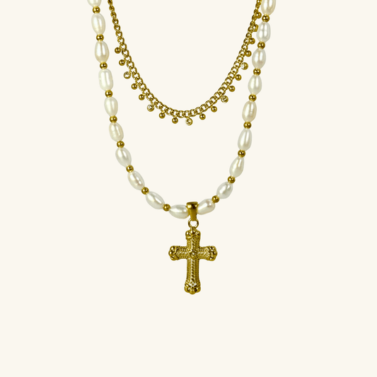 Layered pearl cross necklace set with freshwater pearls and gold zircon chain