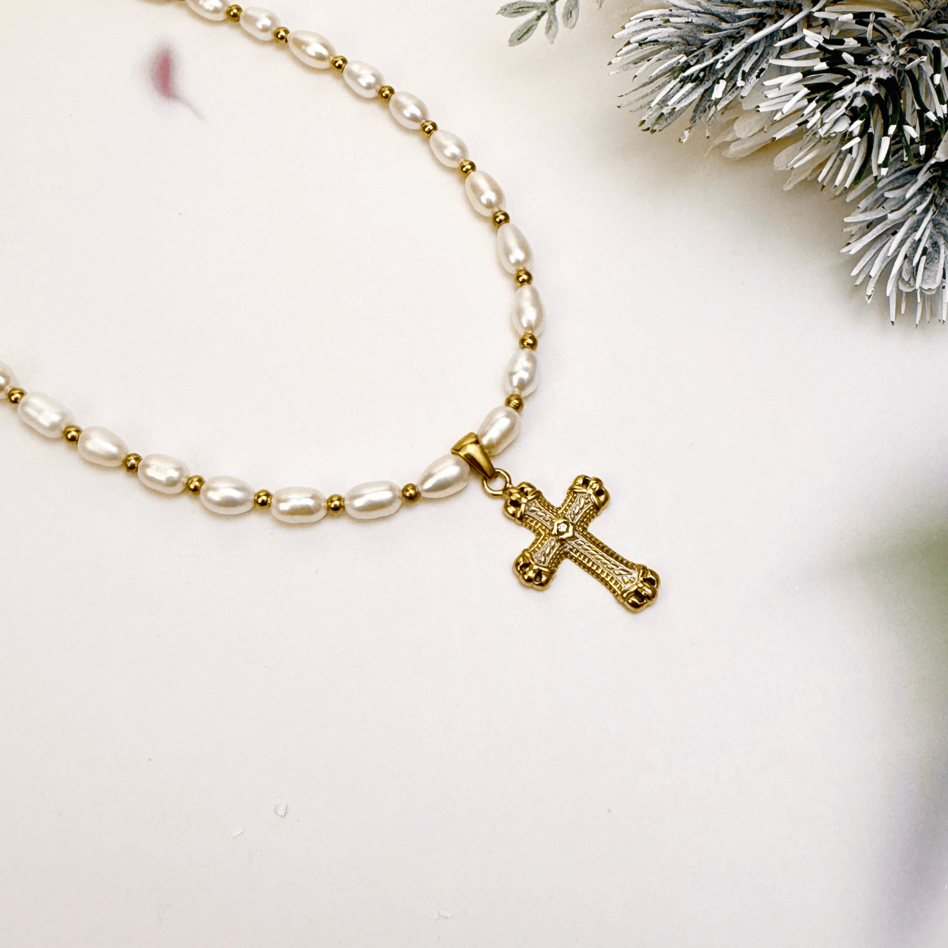Layered pearl cross necklace set with freshwater pearls and gold zircon chain