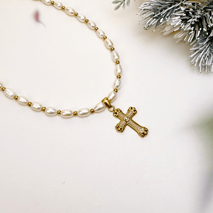 Layered pearl cross necklace set with freshwater pearls and gold zircon chain