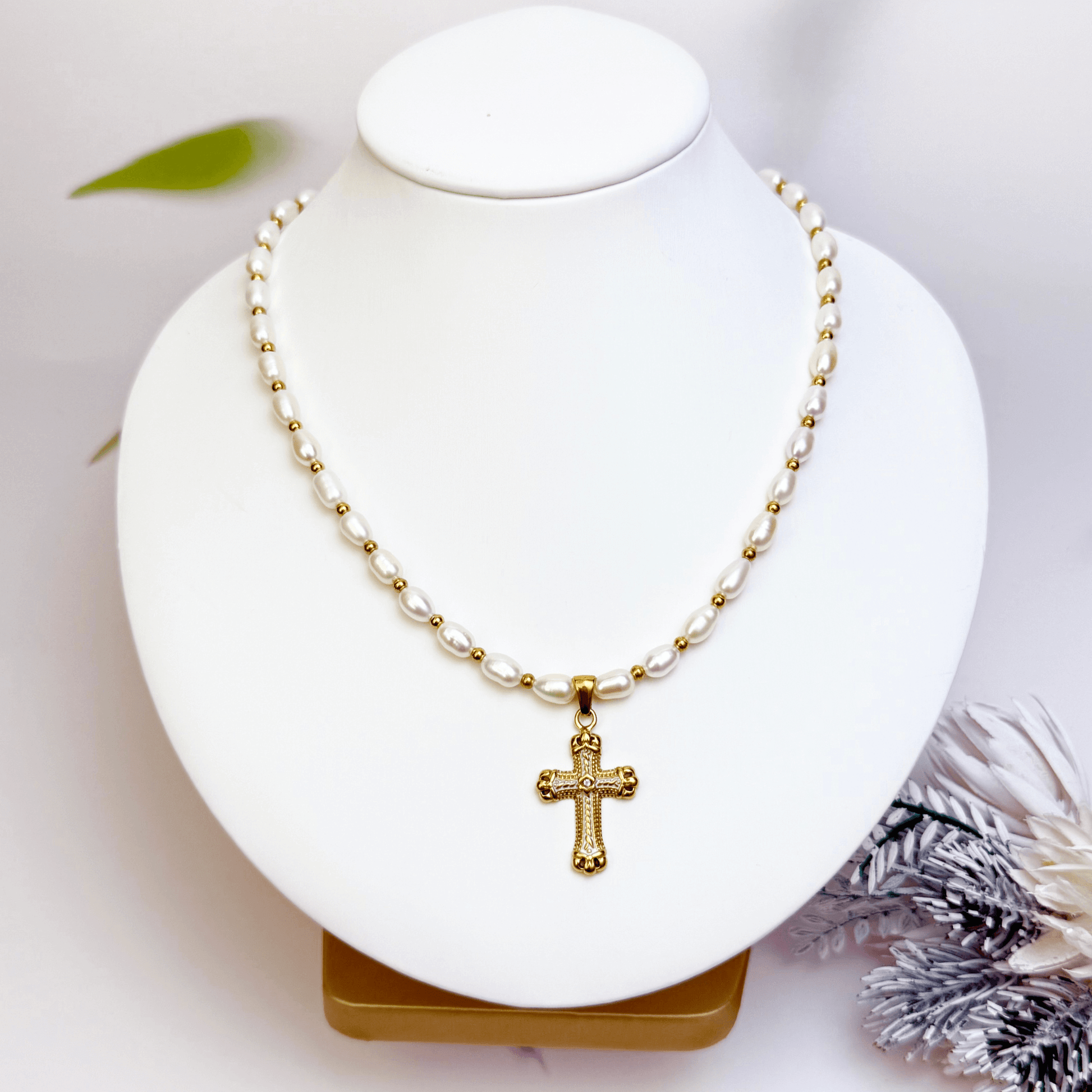 Layered pearl cross necklace set with freshwater pearls and gold zircon chain