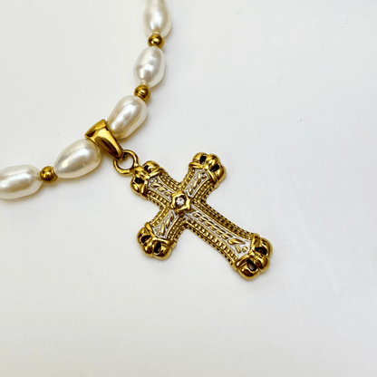 Layered pearl cross necklace set with freshwater pearls and gold zircon chain