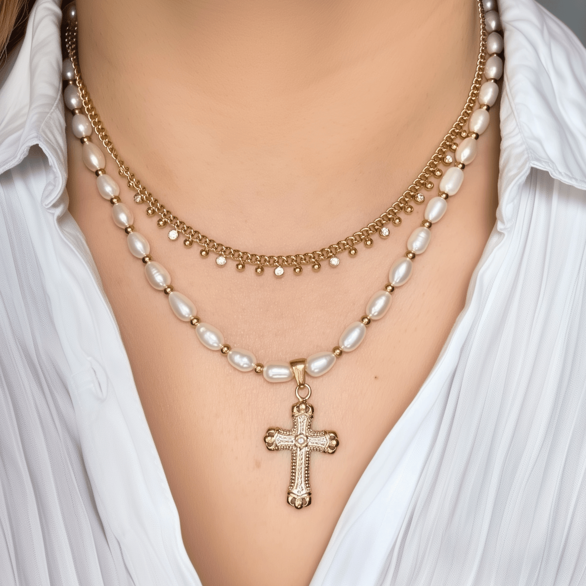 Layered pearl cross necklace set with freshwater pearls and gold zircon chain