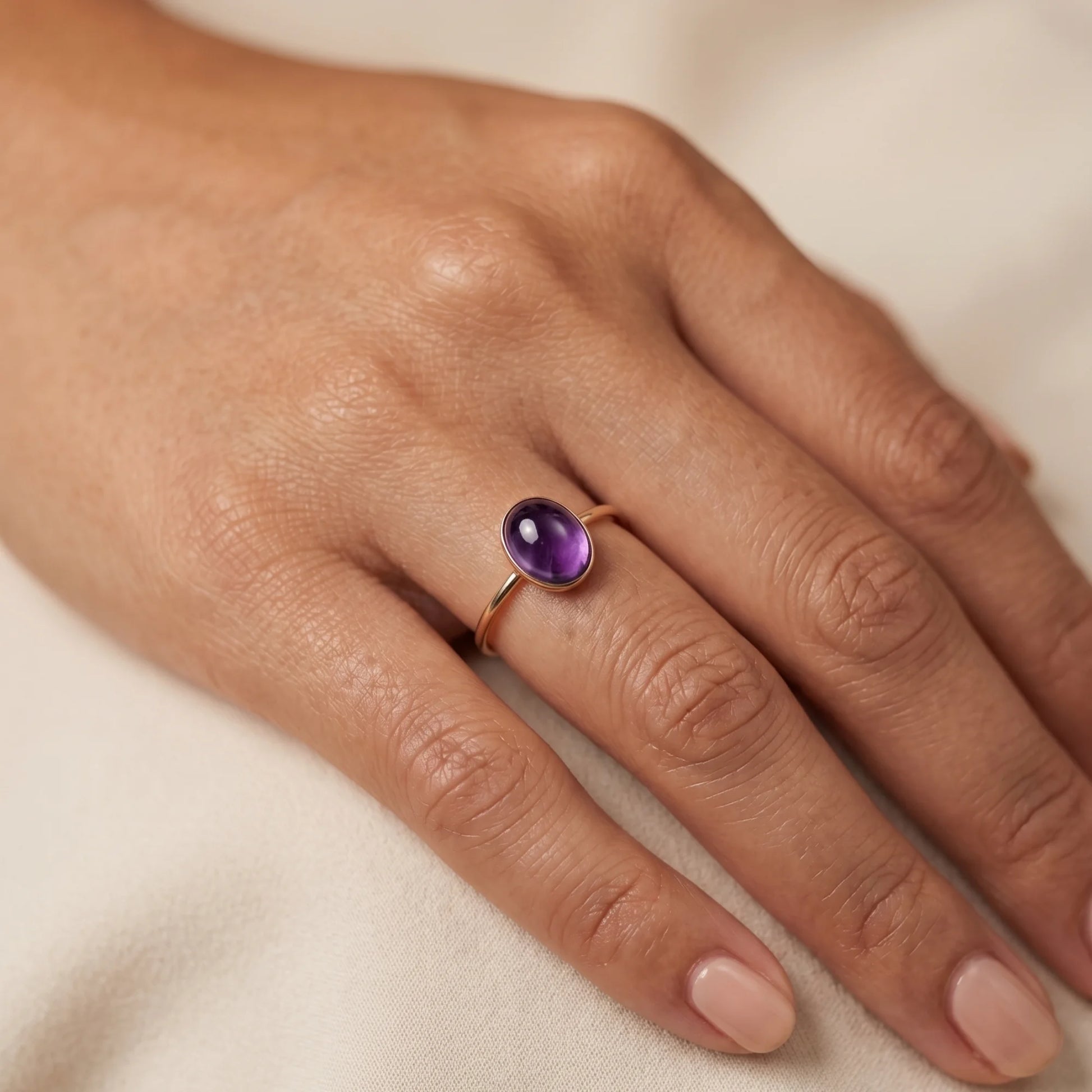 MXW natural oval amethyst February birthstone stacking ring in 14K gold-filled metal