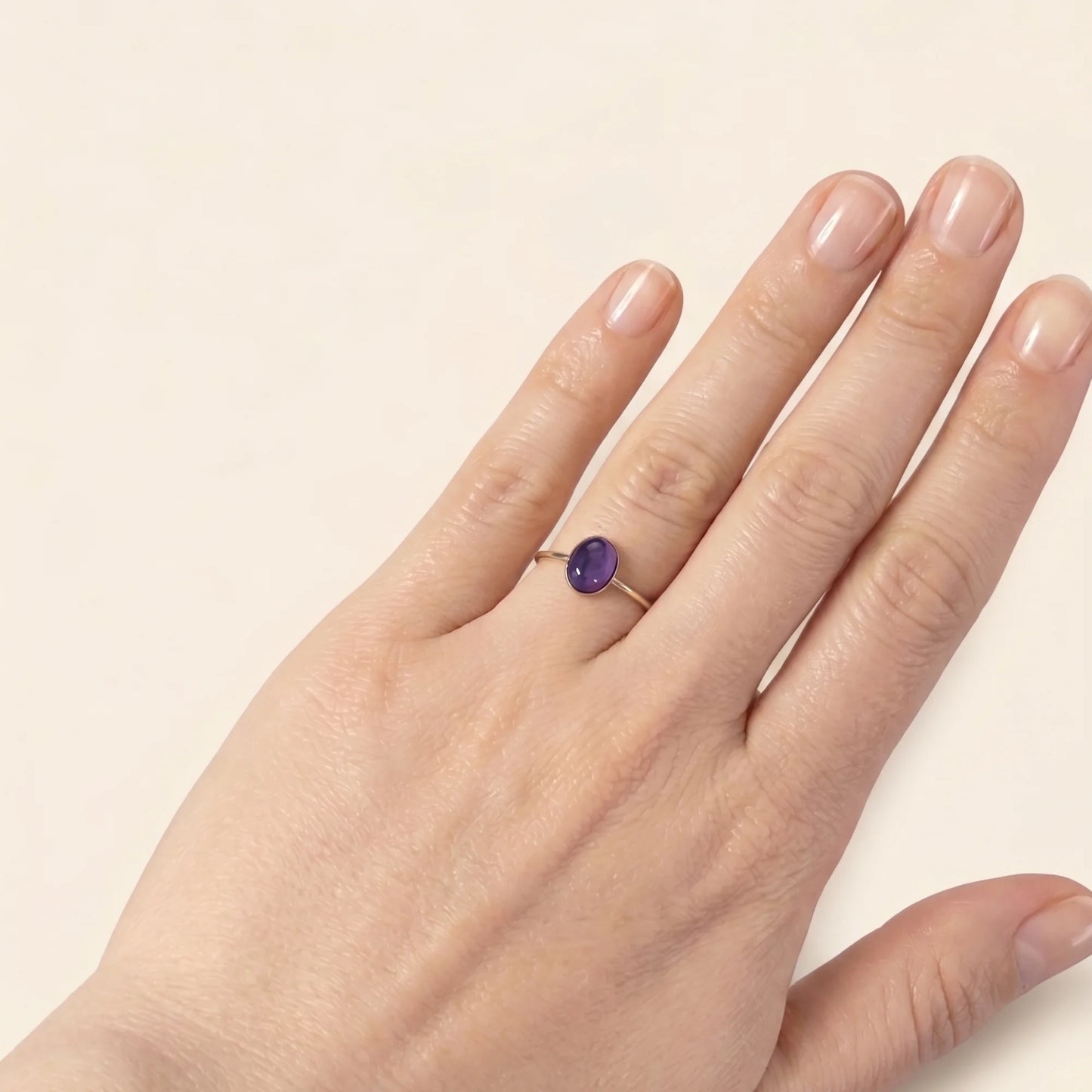 MXW natural oval amethyst February birthstone stacking ring in 14K gold-filled metal