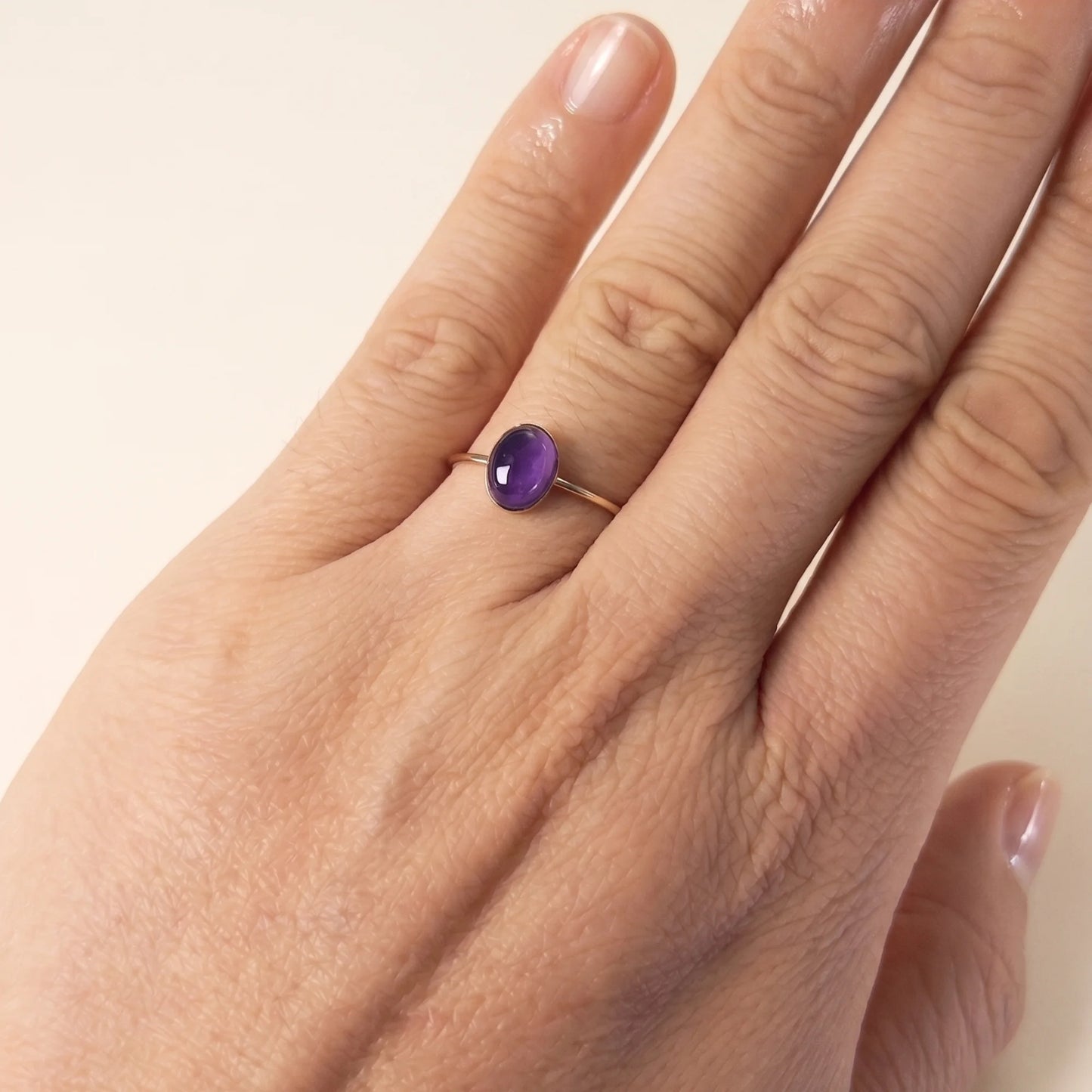MXW natural oval amethyst February birthstone stacking ring in 14K gold-filled metal