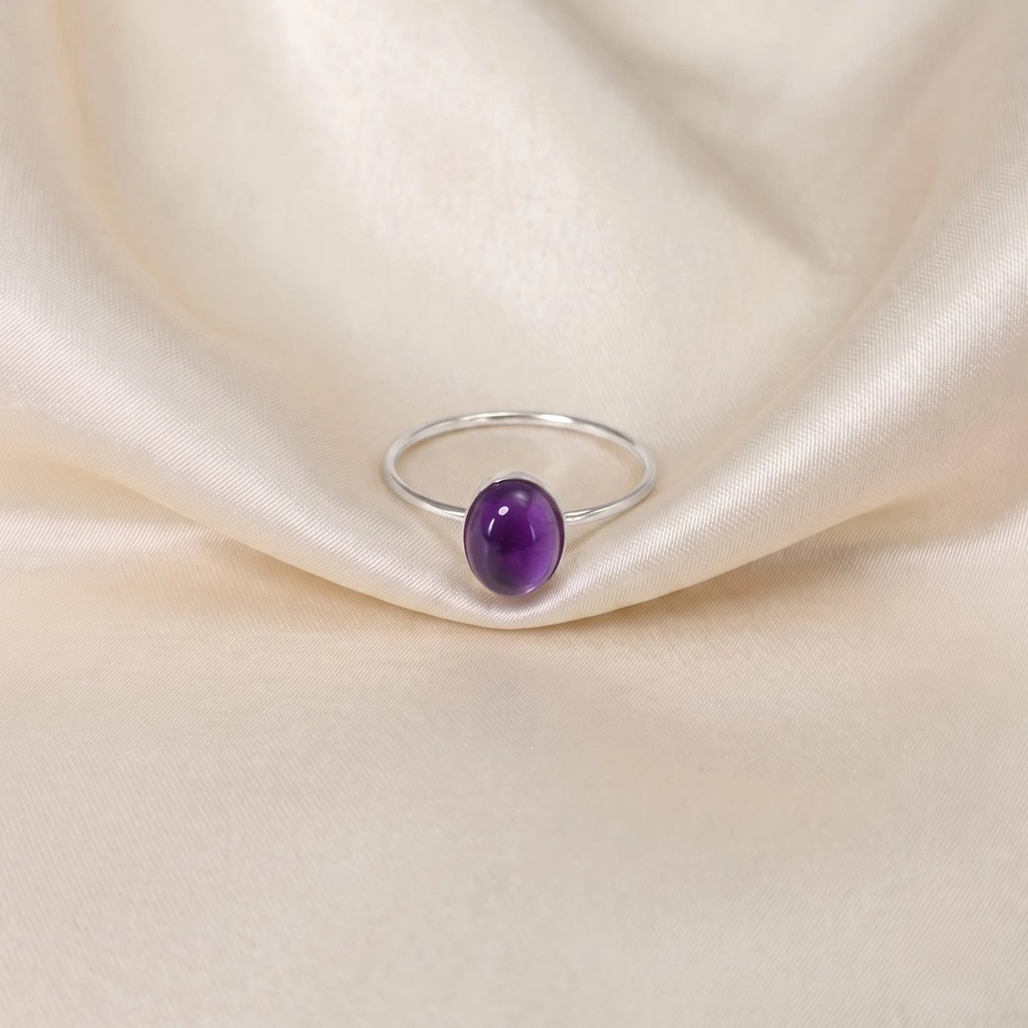 MXW natural oval amethyst February birthstone stacking ring in 925 sterling silver metal