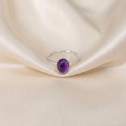 MXW natural oval amethyst February birthstone stacking ring in 925 sterling silver metal