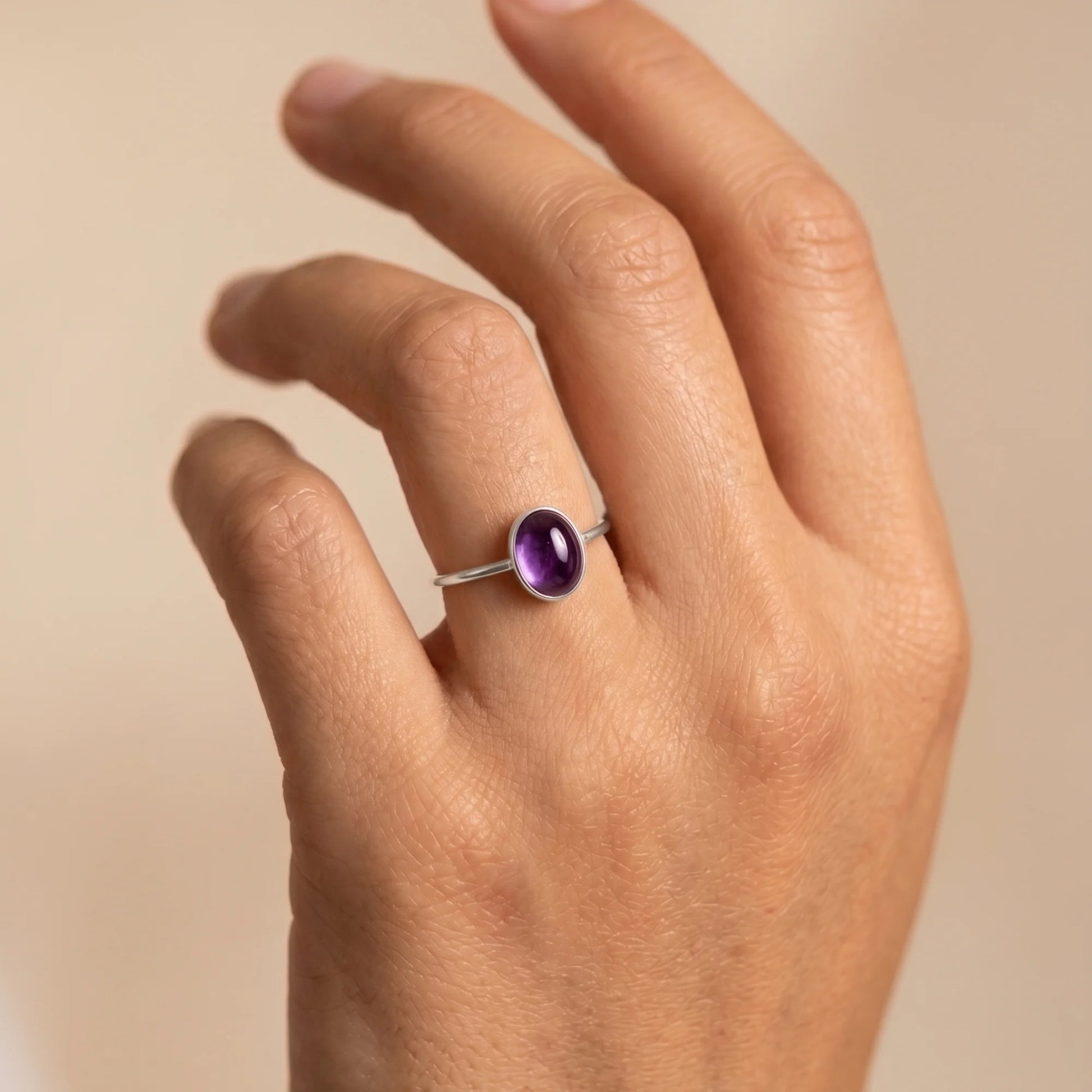 MXW natural oval amethyst February birthstone stacking ring in 925 sterling silver metal