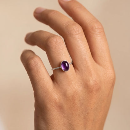 MXW natural oval amethyst February birthstone stacking ring in 925 sterling silver metal