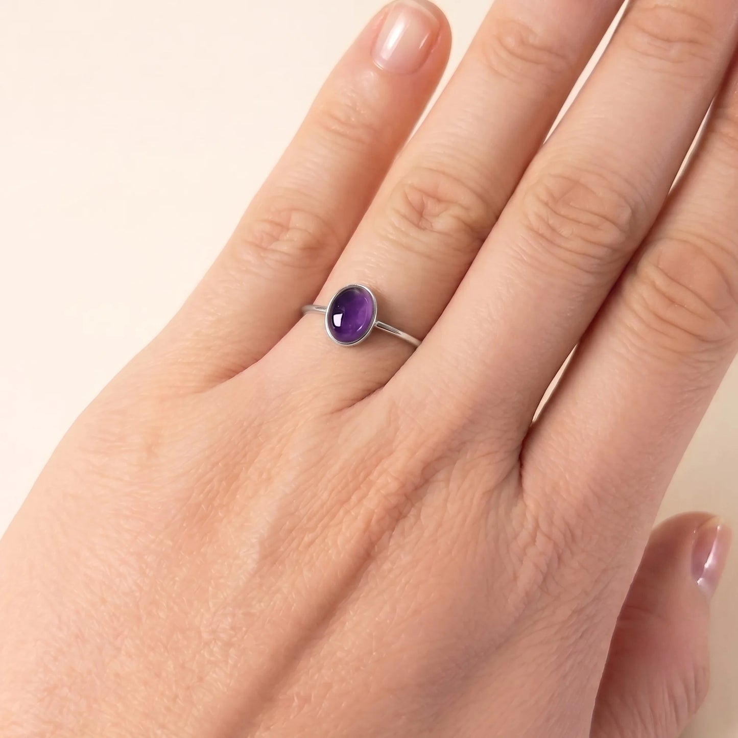 MXW natural oval amethyst February birthstone stacking ring in 925 sterling silver metal
