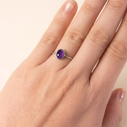 MXW natural oval amethyst February birthstone stacking ring in 925 sterling silver metal