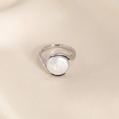 Premium freshwater coin pearl set in 925 sterling silver ring, understated and elegant - MXW Jewellery