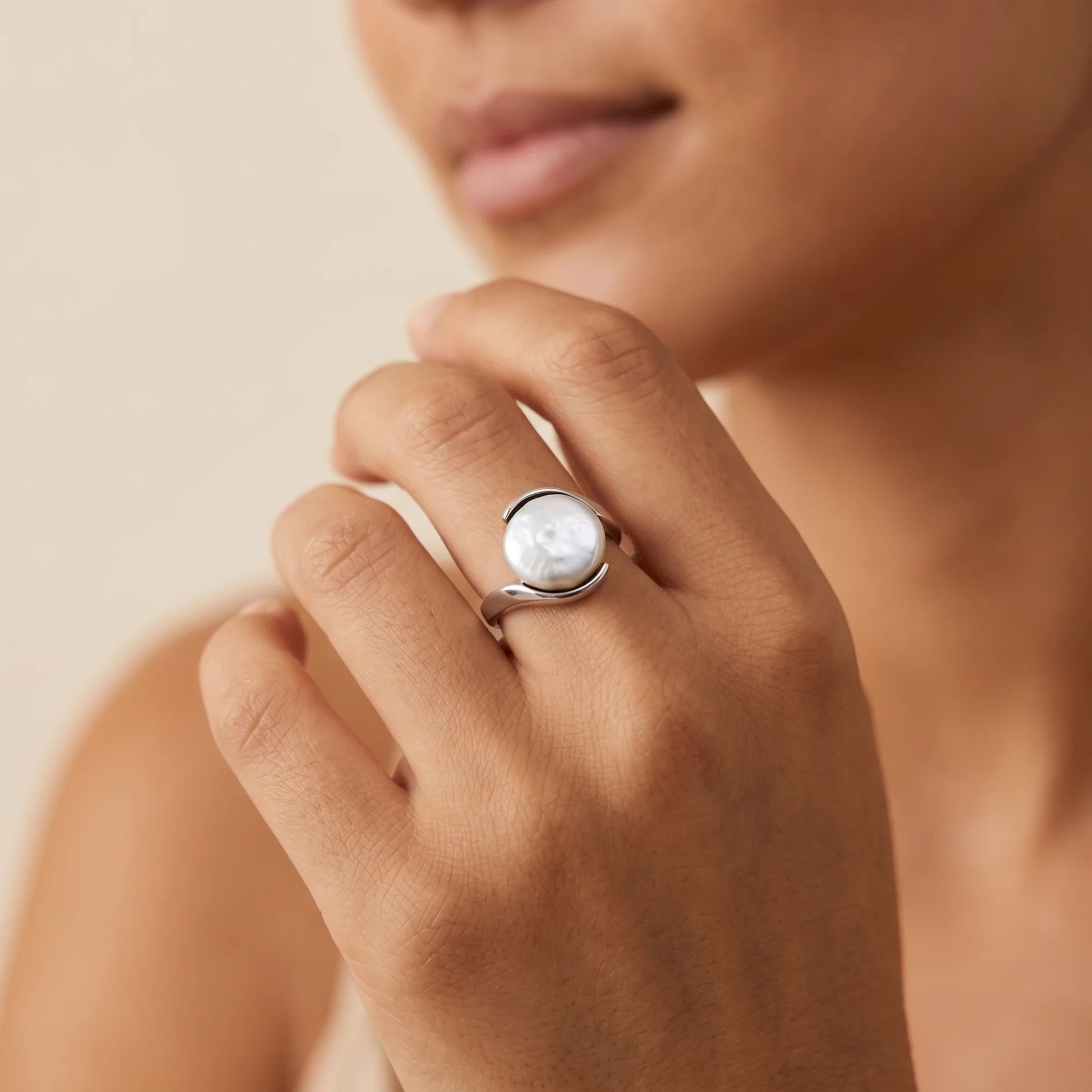 Premium freshwater coin pearl set in 925 sterling silver ring, understated and elegant - MXW Jewellery