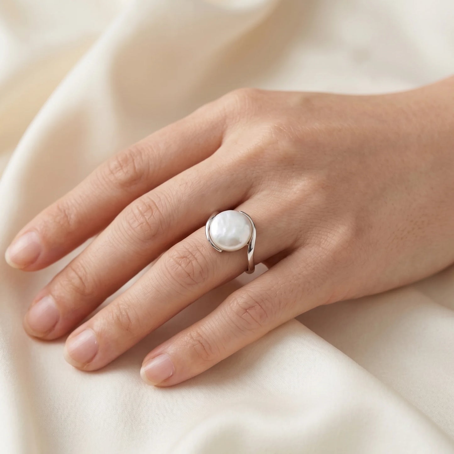 Premium freshwater coin pearl set in 925 sterling silver ring, understated and elegant - MXW Jewellery