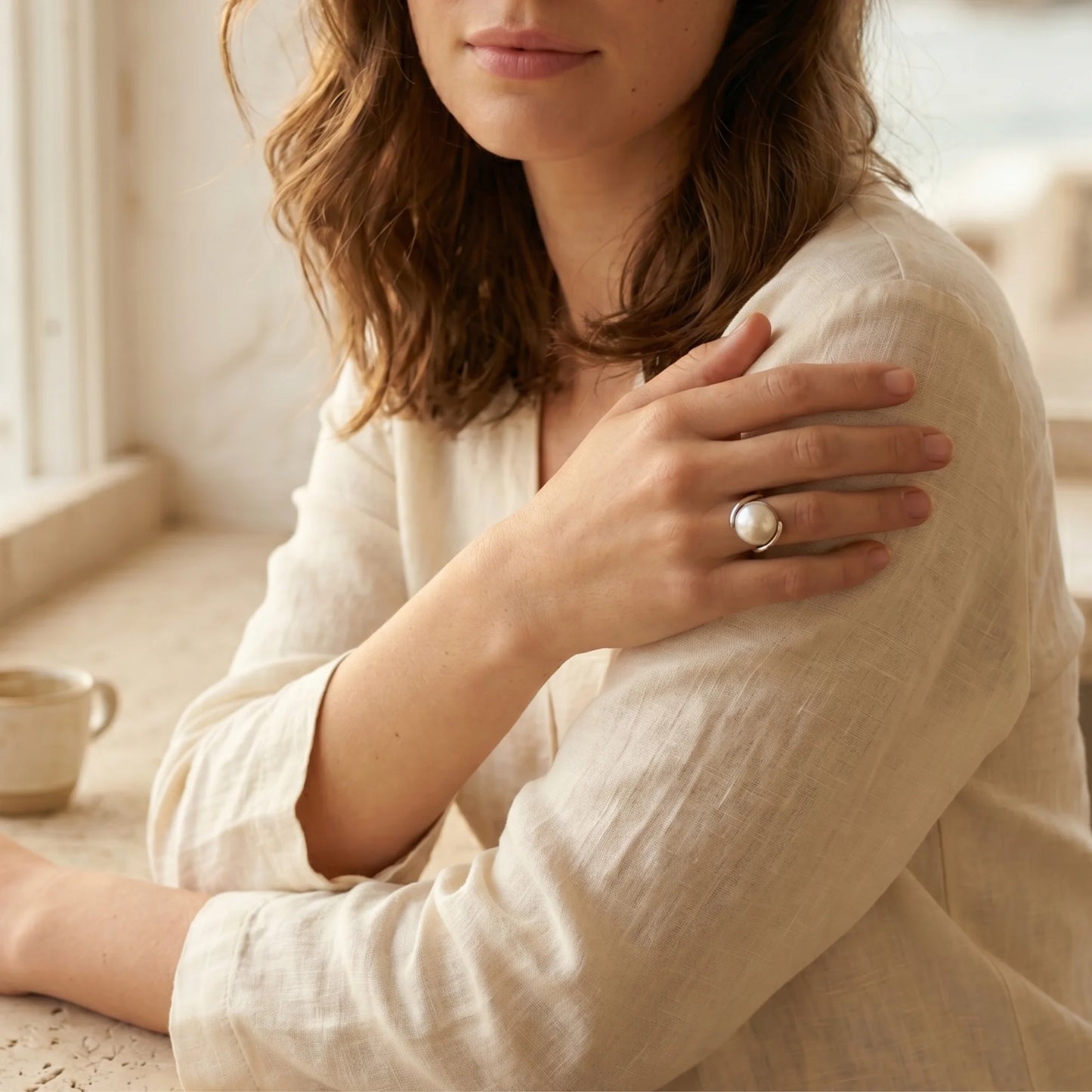 Premium freshwater coin pearl set in 925 sterling silver ring, understated and elegant - MXW Jewellery