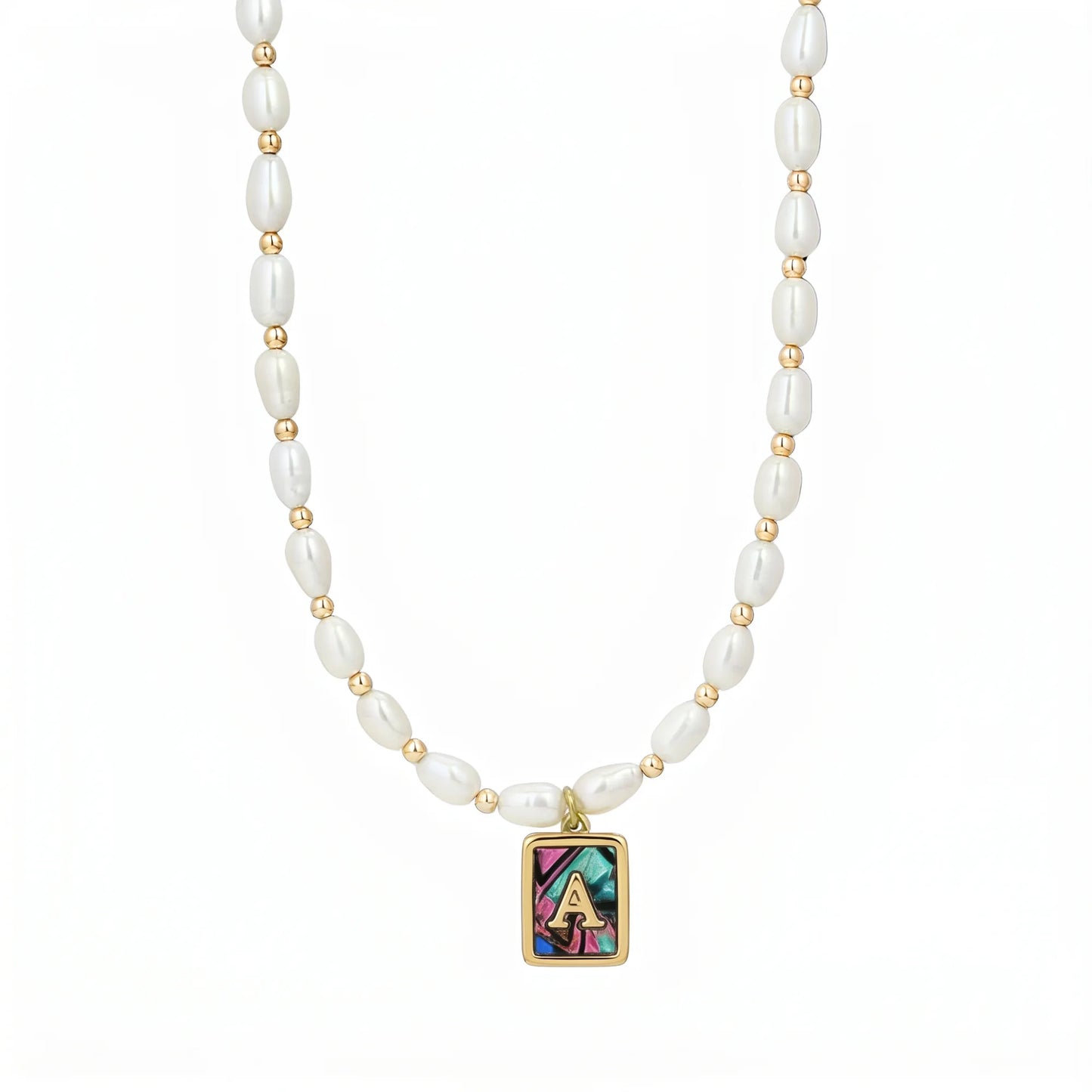Premium freshwater rice pearl and 14K gold filled beaded necklace with personalised abalone shell initial charm, hand-finished in Australia