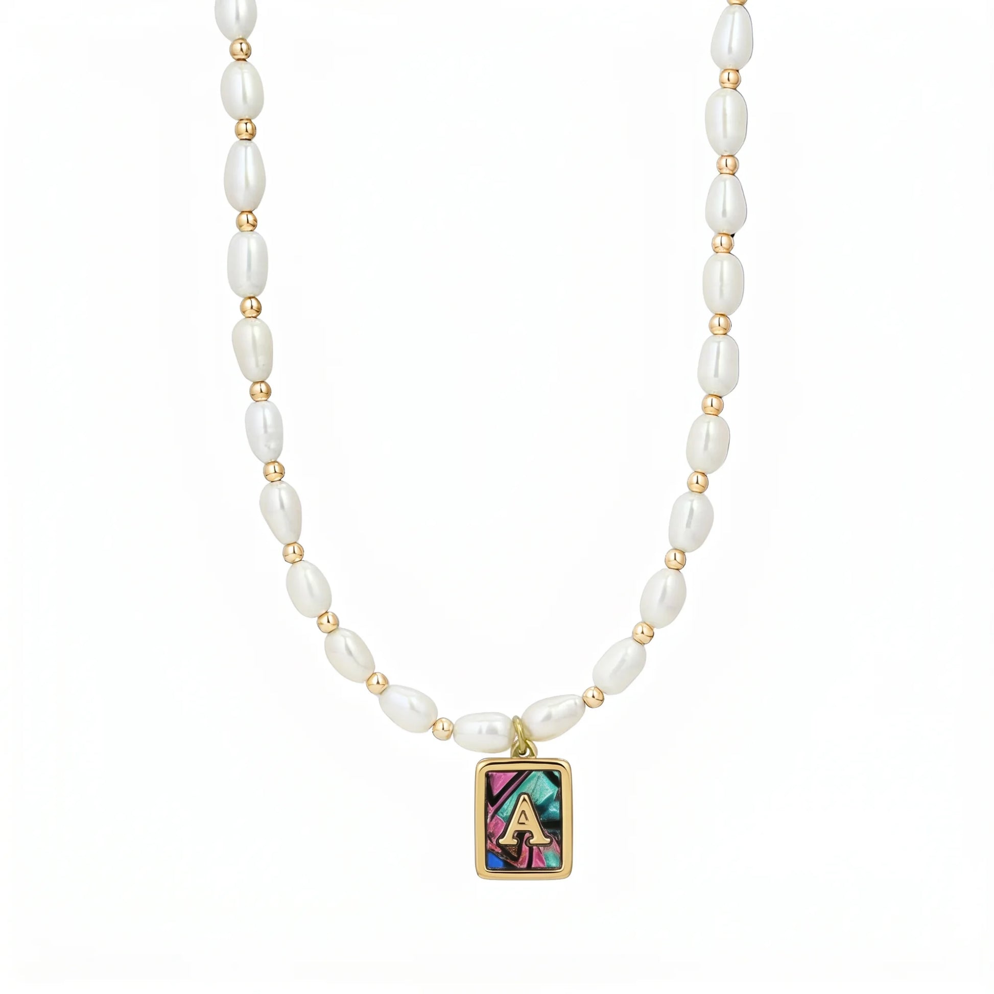 Premium freshwater rice pearl and 14K gold filled beaded necklace with personalised abalone shell initial charm, hand-finished in Australia