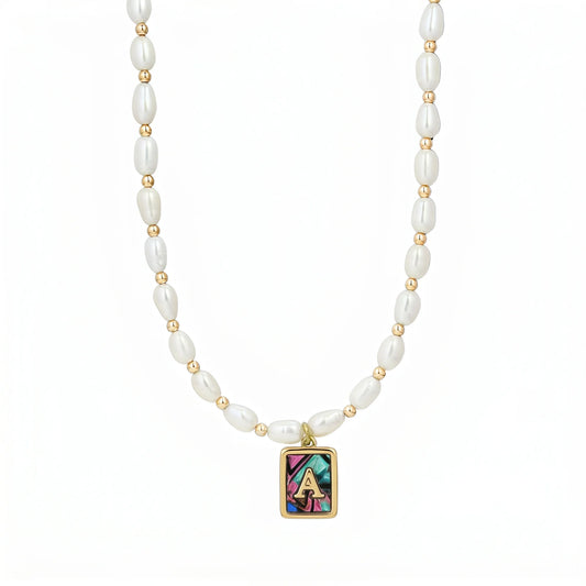 Premium freshwater rice pearl and 14K gold filled beaded necklace with personalised abalone shell initial charm, hand-finished in Australia
