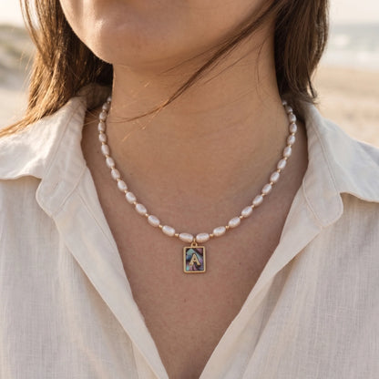 Premium freshwater rice pearl and 14K gold filled beaded necklace with personalised abalone shell initial charm, hand-finished in Australia