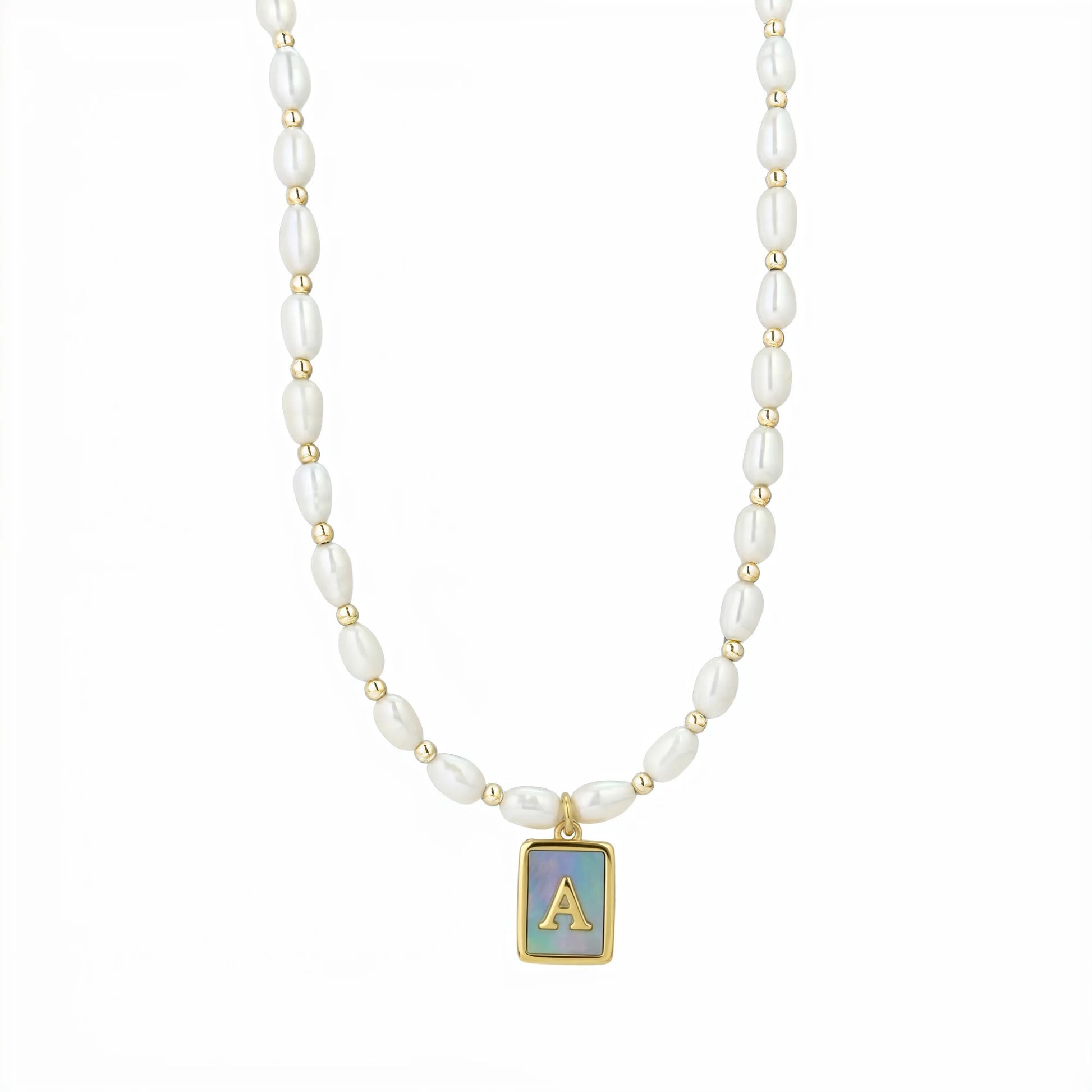 Premium freshwater rice pearl and 14K gold filled beaded necklace with personalised blue mother of shell initial charm, hand-finished in Australia