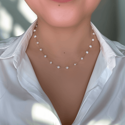 Elegant freshwater pearl necklace on a dainty gold chain, a timeless jewellery piece perfect for bridesmaids, weddings, or meaningful everyday wear.