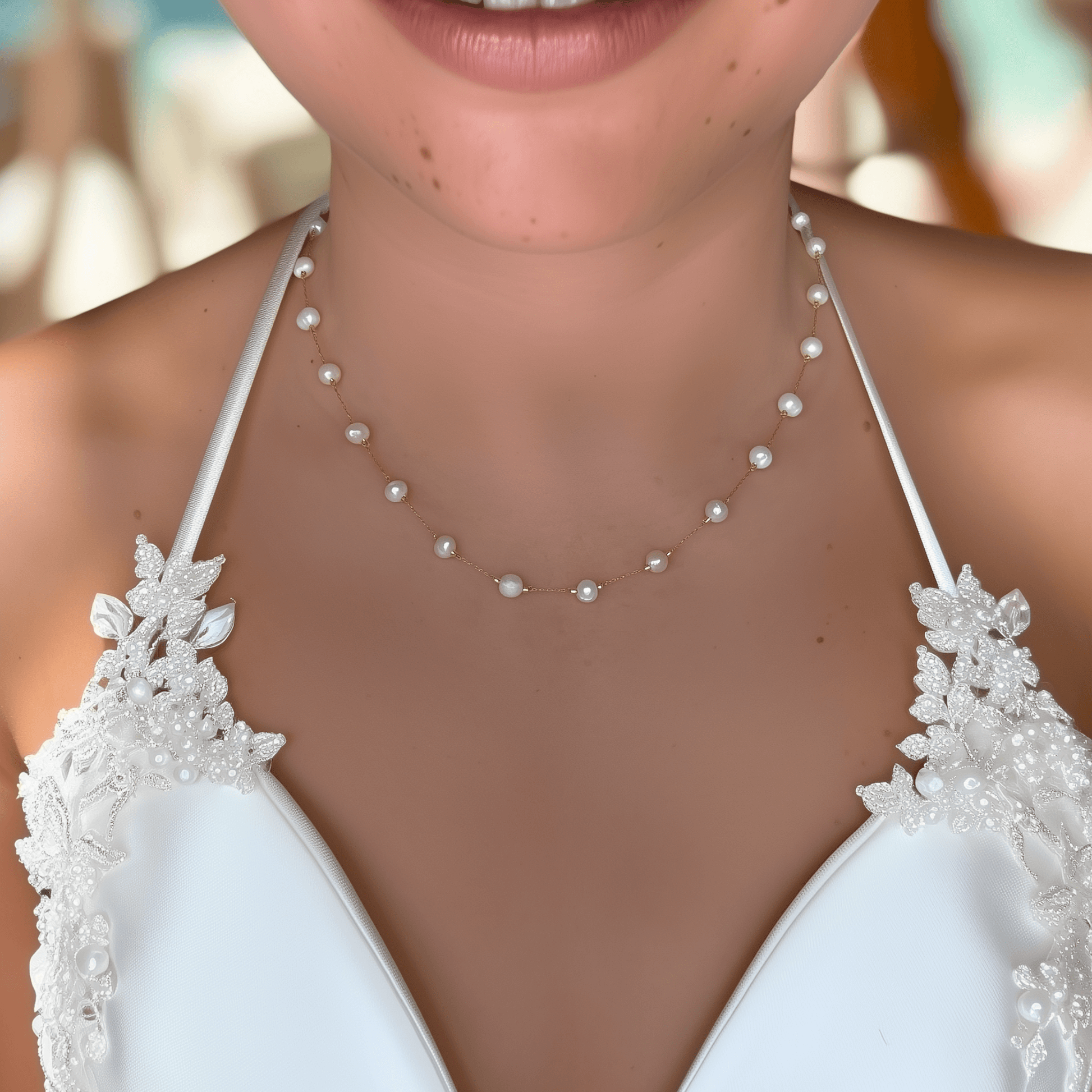 Elegant freshwater pearl necklace on a dainty gold chain, a timeless jewellery piece perfect for bridesmaids, weddings, or meaningful everyday wear.