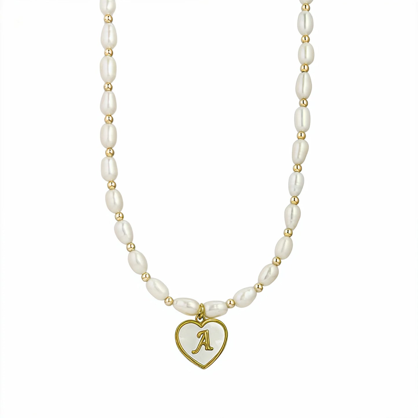 Premium freshwater rice pearl and 14K gold filled beaded necklace with personalised heart shaped mother of shell initial charm, hand-finished in Australia