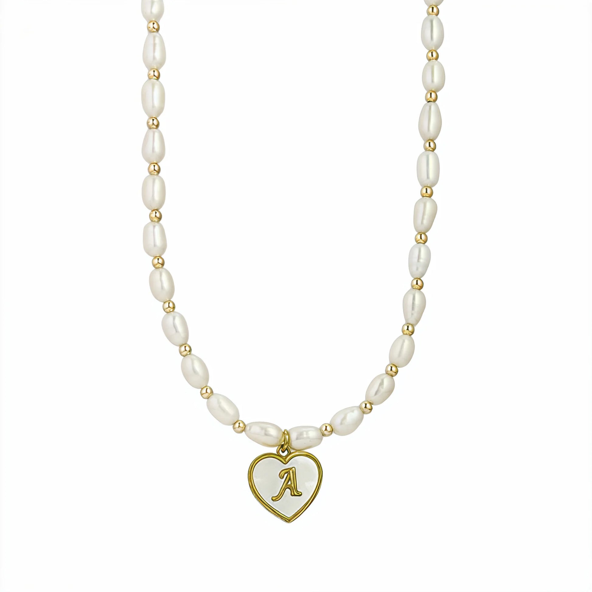 Premium freshwater rice pearl and 14K gold filled beaded necklace with personalised heart shaped mother of shell initial charm, hand-finished in Australia