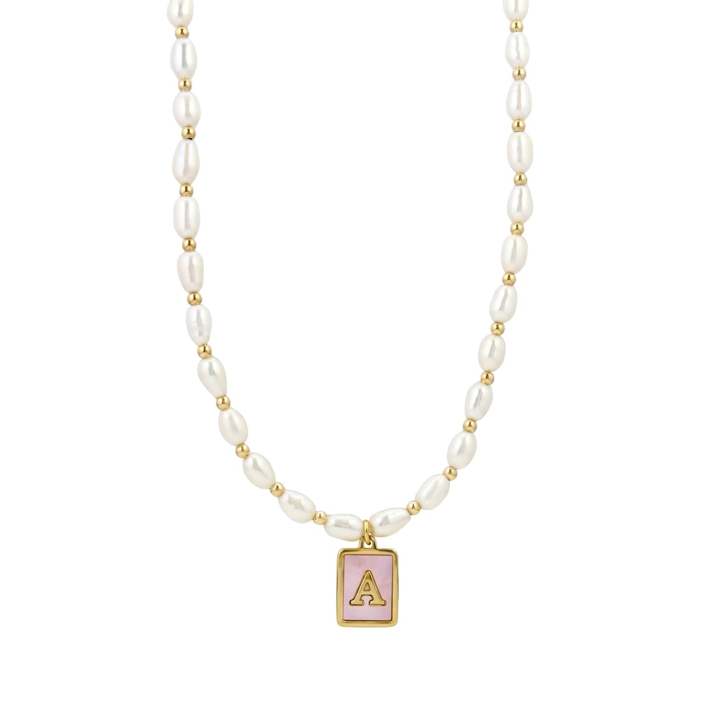 Premium freshwater rice pearl and 14K gold filled beaded necklace with personalised pink mother of shell initial charm, hand-finished in Australia