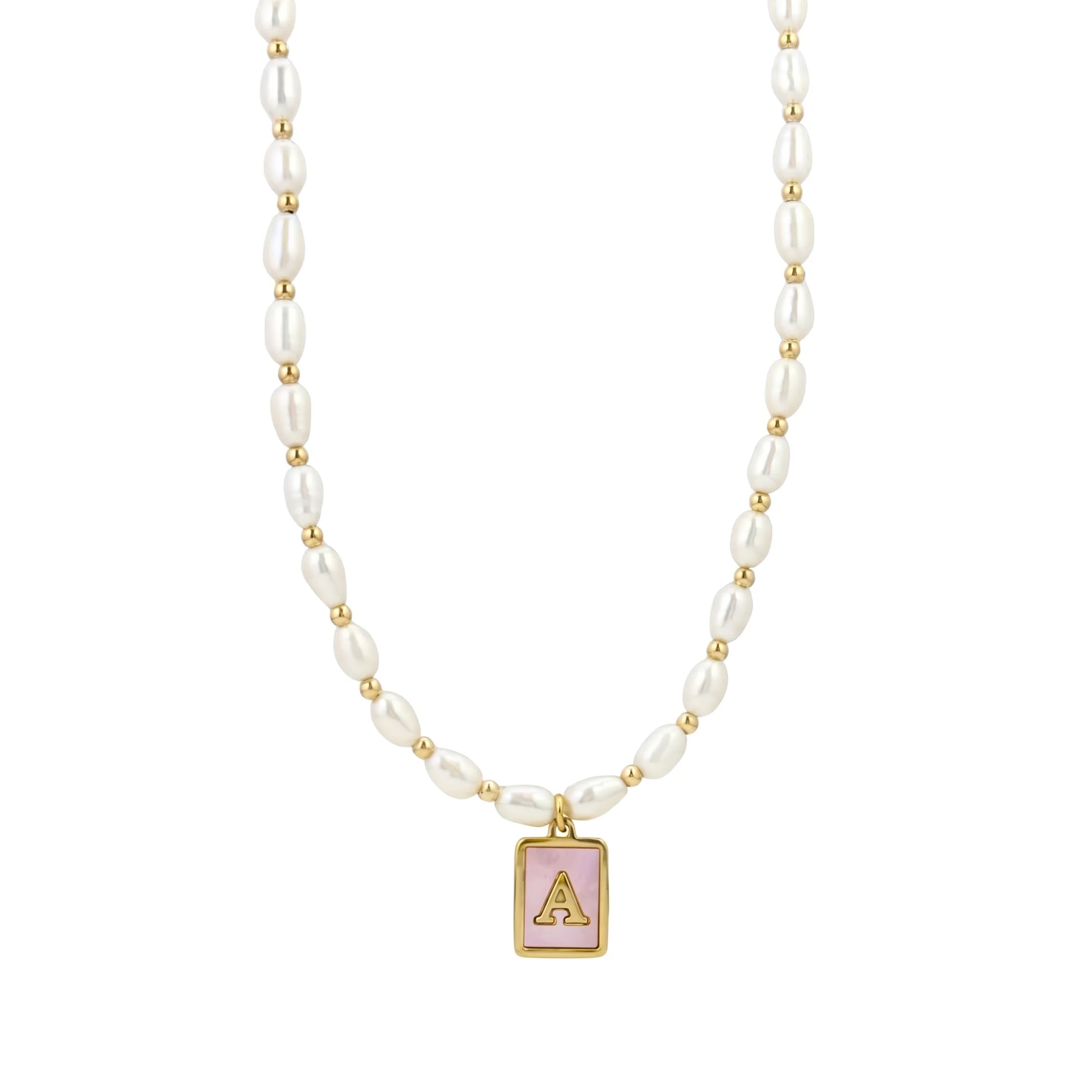 Premium freshwater rice pearl and 14K gold filled beaded necklace with personalised pink mother of shell initial charm, hand-finished in Australia