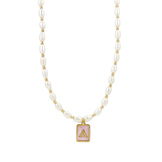 Premium freshwater rice pearl and 14K gold filled beaded necklace with personalised pink mother of shell initial charm, hand-finished in Australia