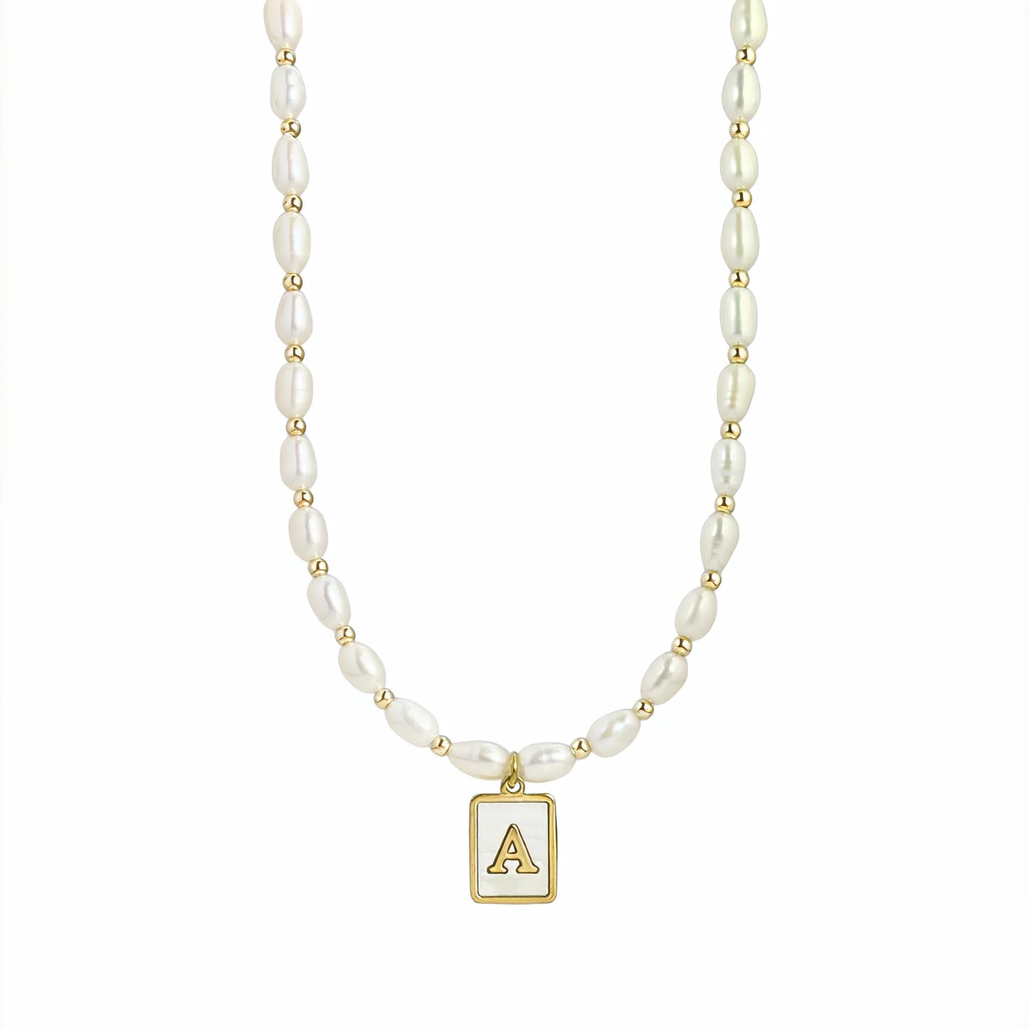 Premium freshwater rice pearl and 14K gold filled beaded necklace with personalised mother of shell initial charm, hand-finished in Australia