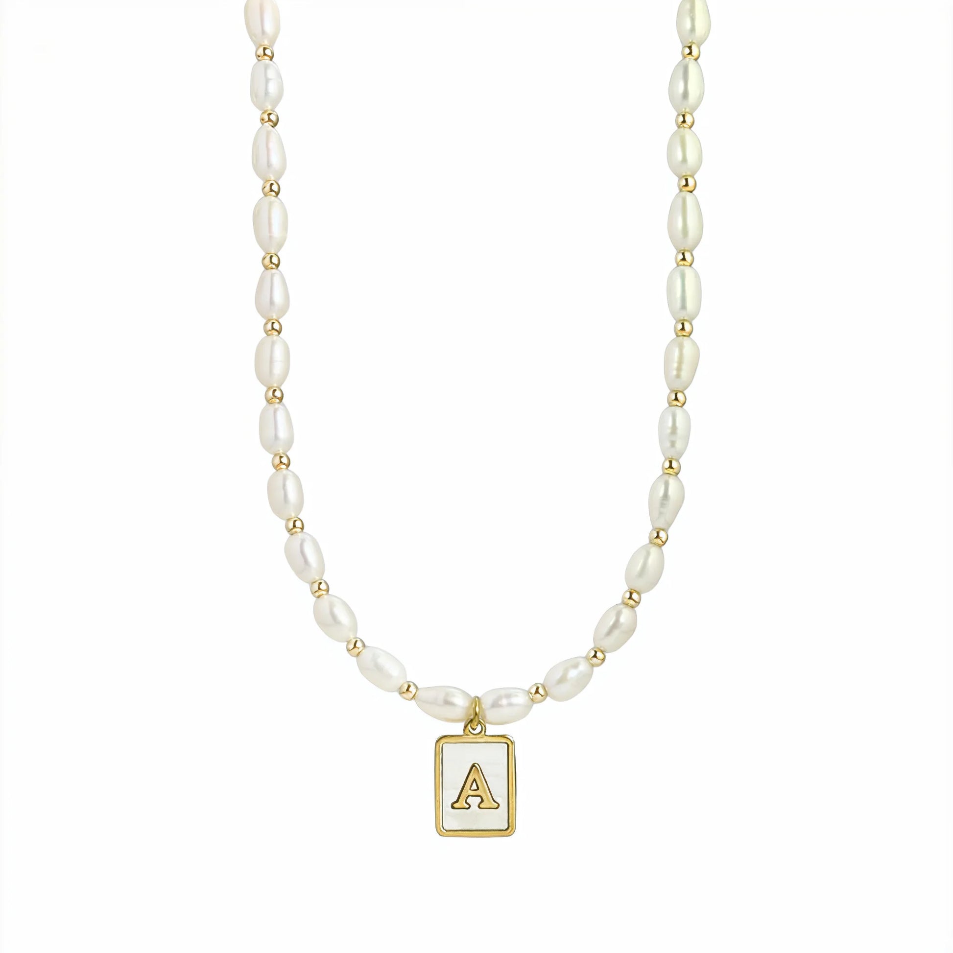 Premium freshwater rice pearl and 14K gold filled beaded necklace with personalised mother of shell initial charm, hand-finished in Australia
