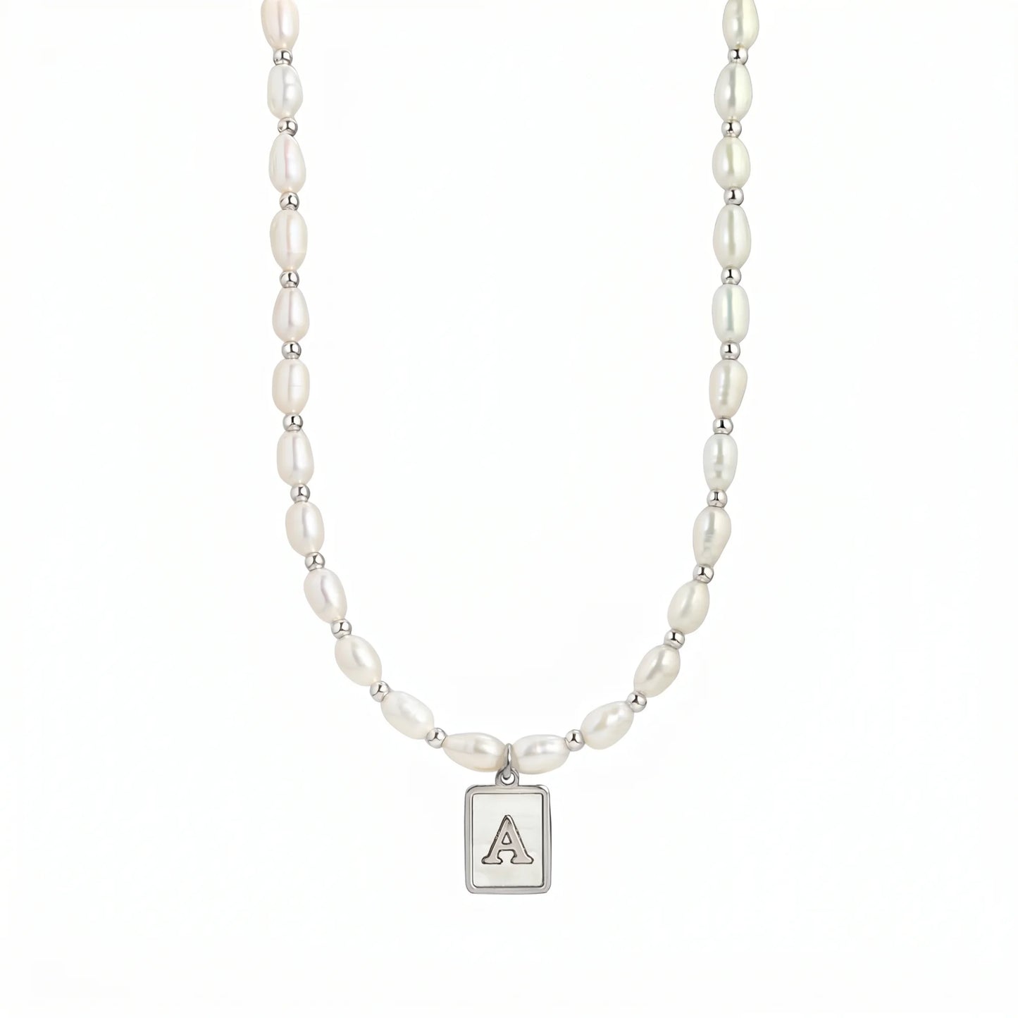 Premium freshwater rice pearl and 925 sterling silver beaded necklace with personalised mother of shell initial charm, hand-finished in Australia