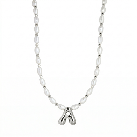 Premium freshwater rice pearl and 925 sterling silver beaded necklace with personalised bubble initial charm, hand-finished in Australia