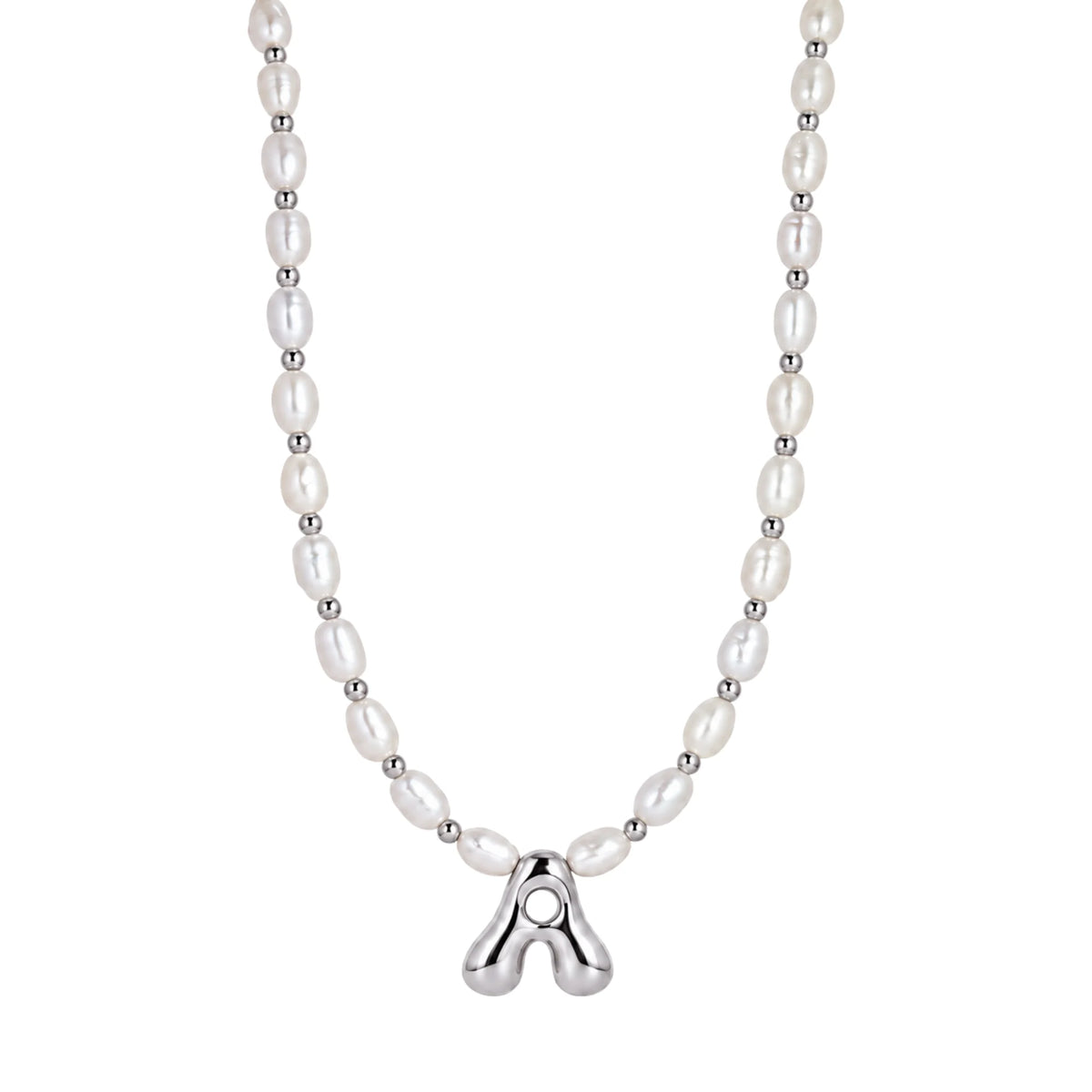 Premium freshwater rice pearl and 925 sterling silver beaded necklace with personalised bubble initial charm, hand-finished in Australia