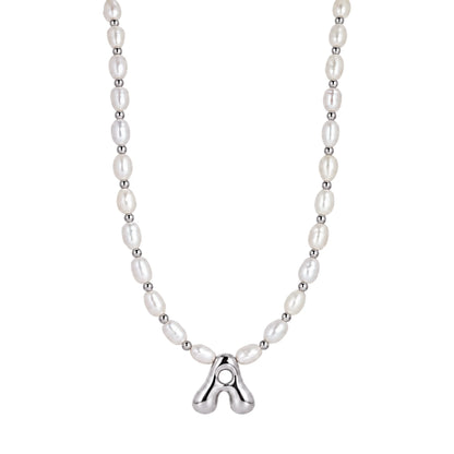 Premium freshwater rice pearl and 925 sterling silver beaded necklace with personalised bubble initial charm, hand-finished in Australia