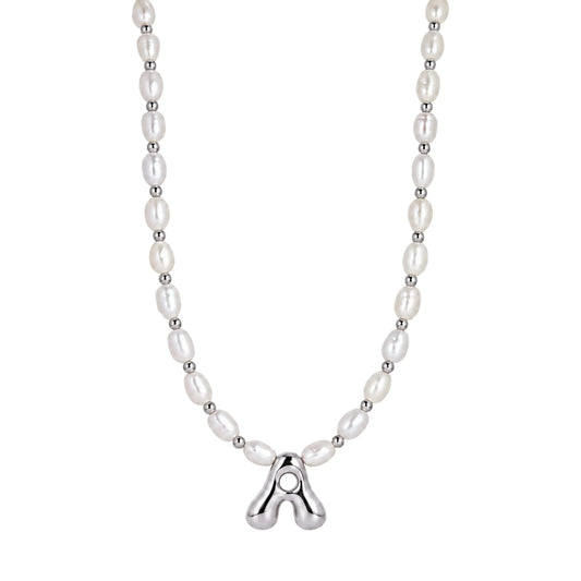 Premium freshwater rice pearl and 925 sterling silver beaded necklace with personalised bubble initial charm, hand-finished in Australia