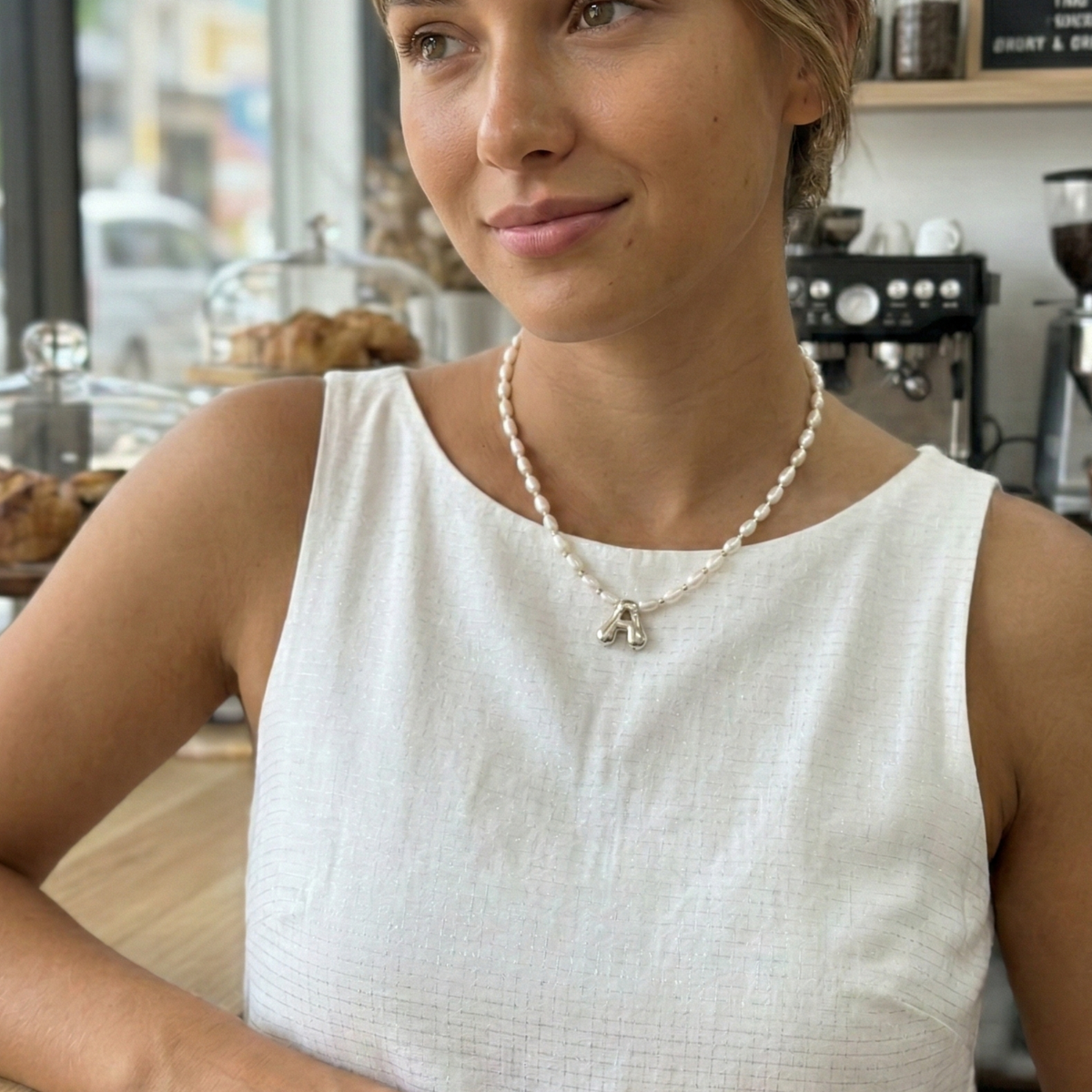 Premium freshwater rice pearl and 925 sterling silver beaded necklace with personalised bubble initial charm, hand-finished in Australia