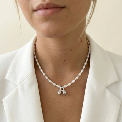 Premium freshwater rice pearl and 925 sterling silver beaded necklace with personalised bubble initial charm, hand-finished in Australia