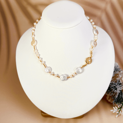 choker necklace with natural freshwater pearls and gold-plated sunburst charm, handcrafted with 925 sterling silver