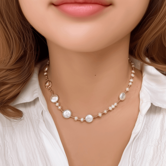 choker necklace with natural freshwater pearls and gold-plated sunburst charm, handcrafted with 925 sterling silver