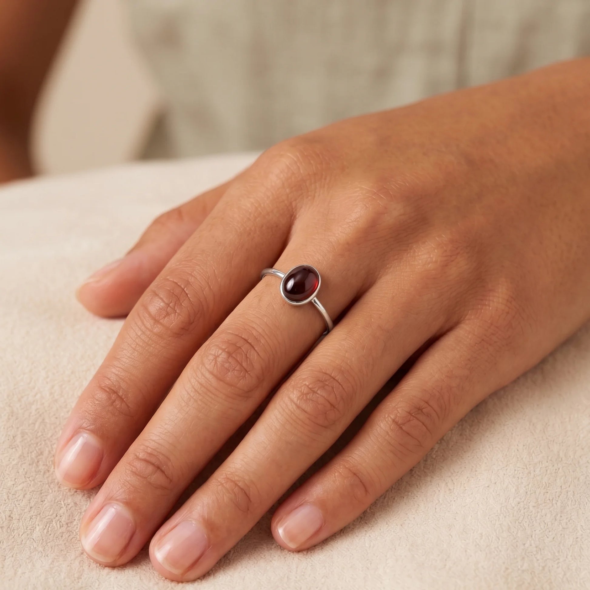 MXW natural oval garnet January birthstone stacking ring in 925 sterling silver metal